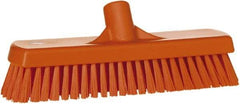 Vikan - 1.7" Bristle Length, Polyester Scrub Brush - 11-1/4" Long x 3" Wide Head, 12" OAL, European Threaded Handle, Orange, Polypropylene Block - Americas Industrial Supply