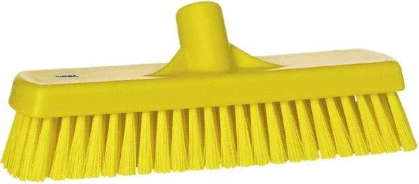 Vikan - 1.7" Bristle Length, Polyester Scrub Brush - 11-1/4" Long x 3" Wide Head, 12" OAL, European Threaded Handle, Yellow, Polypropylene Block - Americas Industrial Supply