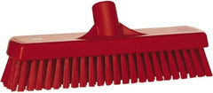 Vikan - 1.7" Bristle Length, Polyester Scrub Brush - 11-1/4" Long x 3" Wide Head, 12" OAL, European Threaded Handle, Red, Polypropylene Block - Americas Industrial Supply