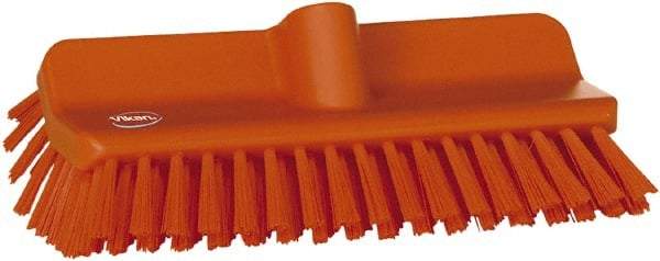 Vikan - 1-1/2" Bristle Length, Polyester Cleaning & Finishing Brush - 9-5/8" Long x 5" Wide Head, 10" OAL, European Threaded Handle, Orange, Polypropylene Block - Americas Industrial Supply