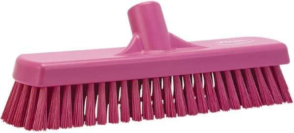 Vikan - 1.7" Bristle Length, Polyester Scrub Brush - 11-1/4" Long x 3" Wide Head, 12" OAL, European Threaded Handle, Pink, Polypropylene Block - Americas Industrial Supply