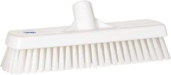 Vikan - 1.7" Bristle Length, Polyester Scrub Brush - 11-1/4" Long x 3" Wide Head, 12" OAL, European Threaded Handle, White, Polypropylene Block - Americas Industrial Supply