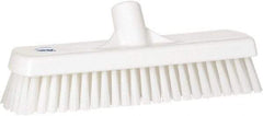 Vikan - 1.7" Bristle Length, Polyester Scrub Brush - 11-1/4" Long x 3" Wide Head, 12" OAL, European Threaded Handle, White, Polypropylene Block - Americas Industrial Supply