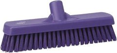 Vikan - 1.7" Bristle Length, Polyester Scrub Brush - 11-1/4" Long x 3" Wide Head, 12" OAL, European Threaded Handle, Purple, Polypropylene Block - Americas Industrial Supply