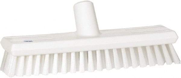Vikan - 1.3" Bristle Length, Polyester Scrub Brush - 10-3/4" Long x 2-1/2" Wide Head, 11" OAL, European Threaded Handle, White, Polypropylene Block - Americas Industrial Supply