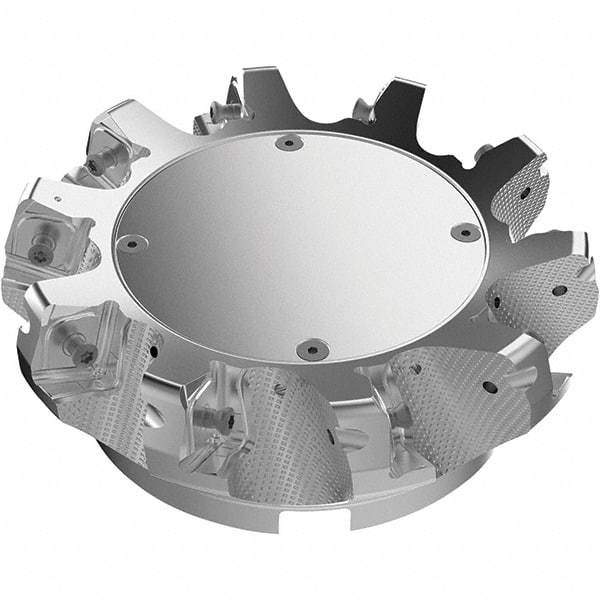 Seco - 6.3" Cut Diam, 2" Arbor Hole, 11mm Max Depth of Cut, 71° Indexable Chamfer & Angle Face Mill - 10 Inserts, Right Hand Cut, 10 Flutes, Through Coolant, Series R220.56 - Americas Industrial Supply