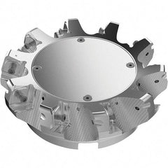 Seco - 6.3" Cut Diam, 2" Arbor Hole, 11mm Max Depth of Cut, 71° Indexable Chamfer & Angle Face Mill - 10 Inserts, Right Hand Cut, 10 Flutes, Through Coolant, Series R220.56 - Americas Industrial Supply