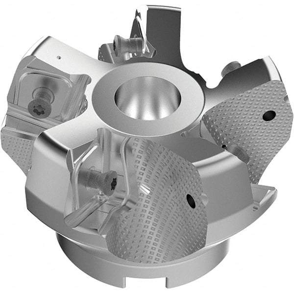 Seco - 80mm Cut Diam, 27mm Arbor Hole, 11mm Max Depth of Cut, 71° Indexable Chamfer & Angle Face Mill - 5 Inserts, 63 Insert, Right Hand Cut, 5 Flutes, Through Coolant, Series R220.56 - Americas Industrial Supply