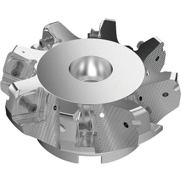 Seco - 4.92" Cut Diam, 1-1/2" Arbor Hole, 11mm Max Depth of Cut, 71° Indexable Chamfer & Angle Face Mill - 8 Inserts, Right Hand Cut, 8 Flutes, Through Coolant, Series R220.56 - Americas Industrial Supply
