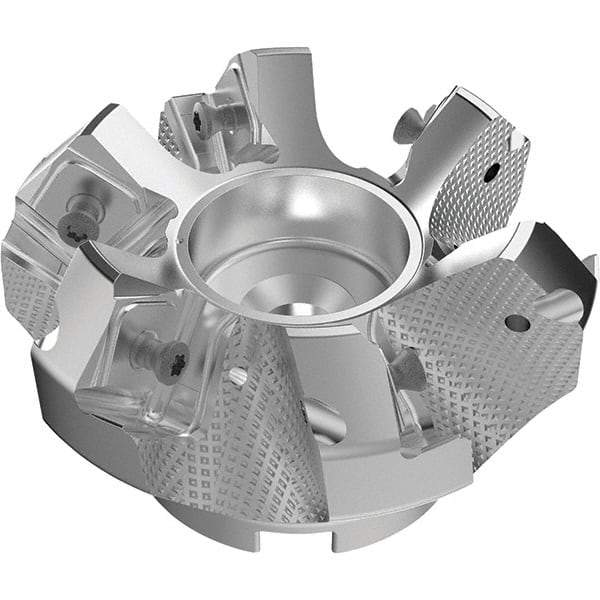 Seco - 80mm Cut Diam, 27mm Arbor Hole, 9mm Max Depth of Cut, 48° Indexable Chamfer & Angle Face Mill - 6 Inserts, 63 Insert, Right Hand Cut, 6 Flutes, Through Coolant, Series R220.54 - Americas Industrial Supply
