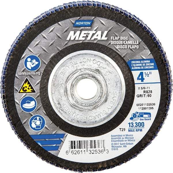 Norton - 60 Grit, 4-1/2" Disc Diam, 5/8-11 Center Hole, Type 29 Zirconia Alumina Flap Disc - 13,300 Max RPM, Fiberglass Backing, Arbor Attaching System, Coated - Americas Industrial Supply