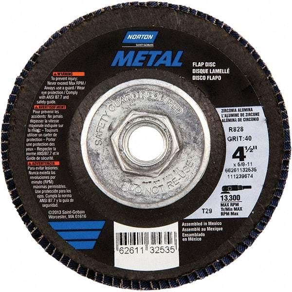 Norton - 40 Grit, 4-1/2" Disc Diam, 5/8-11 Center Hole, Type 29 Zirconia Alumina Flap Disc - 13,300 Max RPM, Fiberglass Backing, Arbor Attaching System, Coated - Americas Industrial Supply