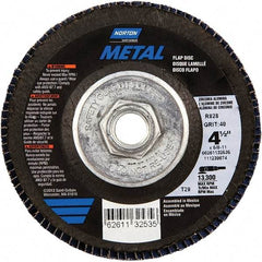 Norton - 40 Grit, 4-1/2" Disc Diam, 5/8-11 Center Hole, Type 29 Zirconia Alumina Flap Disc - 13,300 Max RPM, Fiberglass Backing, Arbor Attaching System, Coated - Americas Industrial Supply