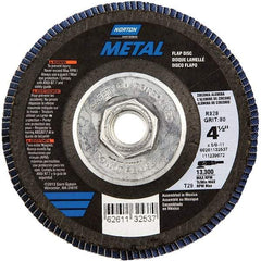 Norton - 80 Grit, 4-1/2" Disc Diam, 5/8-11 Center Hole, Type 29 Zirconia Alumina Flap Disc - 13,300 Max RPM, Fiberglass Backing, Arbor Attaching System, Coated - Americas Industrial Supply