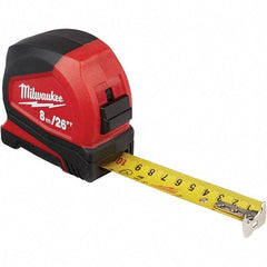 Milwaukee Tool - 26' x 1" Yellow Steel Blade Tape Measure - 1/16", 1mm & 1 cm Graduation, Inch/Metric Graduation Style, Red/Black ABS Plastic Case - Americas Industrial Supply