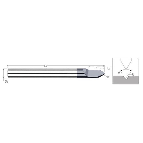 Engraving Cutters - 0.1250″ (1/8″) Shank Diameter × 0.0100″ Radius × 30° included Carbide Radius Engraver, 1 Flute, Amorphous Diamond Coated