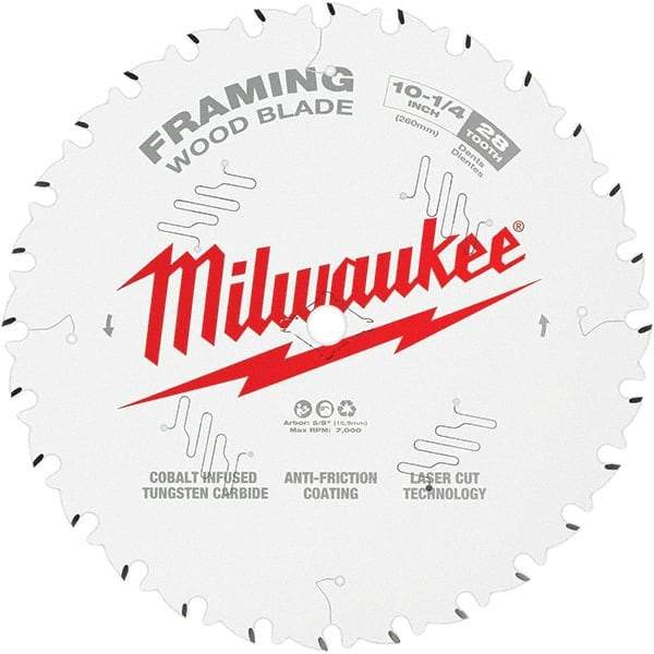 Milwaukee Tool - 10-1/4" Diam, 5/8" Arbor Hole Diam, 28 Tooth Wet & Dry Cut Saw Blade - Tungsten Carbide-Tipped, Framing Action, Standard Round Arbor - Americas Industrial Supply