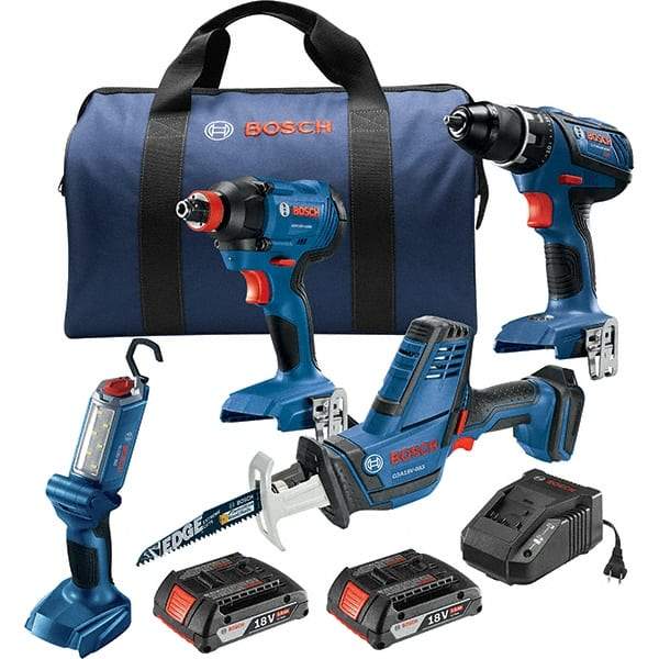 Bosch - 13 Piece 18 Volt Cordless Tool Combination Kit - Includes 1/2" Compact Drill/Driver, Impact Driver, Compact Reciprocating Saw & Work Light, Lithium-Ion Battery Included - Americas Industrial Supply