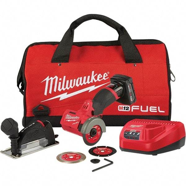 Milwaukee Tool - 3" Wheel Diam, 20,000 RPM, Cordless Cutoff & Cutoff-Grinder Tool - Trigger Handle, 12 Volt, Battery Included - Americas Industrial Supply