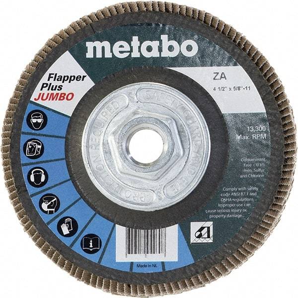 Metabo - 60 Grit, 4-1/2" Disc Diam, 5/8-11 Center Hole, Type 27 Zirconia Alumina Flap Disc - 13,300 Max RPM, Fiberglass Backing, Arbor Attaching System, Coated - Americas Industrial Supply