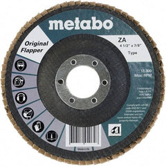 Metabo - 60 Grit, 4-1/2" Disc Diam, 7/8" Center Hole, Type 29 Zirconia Alumina Flap Disc - 13,300 Max RPM, Fiberglass Backing, Arbor Attaching System, Coated - Americas Industrial Supply