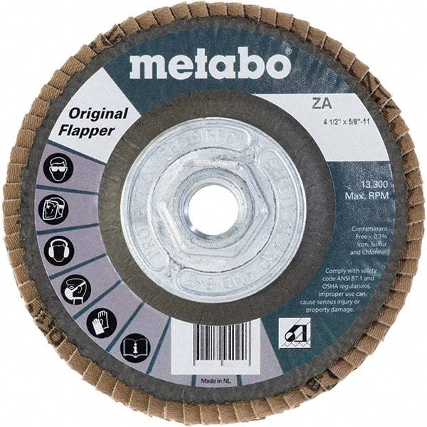 Metabo - 60 Grit, 4-1/2" Disc Diam, 5/8-11 Center Hole, Type 27 Zirconia Alumina Flap Disc - 13,300 Max RPM, Fiberglass Backing, Arbor Attaching System, Coated - Americas Industrial Supply