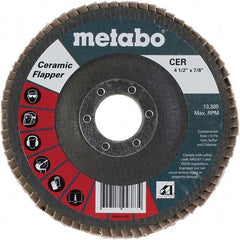 Metabo - 80 Grit, 4-1/2" Disc Diam, 7/8" Center Hole, Type 29 Ceramic Flap Disc - 13,300 Max RPM, Fiberglass Backing, Arbor Attaching System, Coated - Americas Industrial Supply