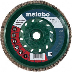 Metabo - 40 Grit, 5" Disc Diam, 5/8-11 Center Hole, Type 29 Ceramic Flap Disc - 12,200 Max RPM, Plastic Backing, Arbor Attaching System, Coated - Americas Industrial Supply