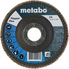Metabo - 36 Grit, 4-1/2" Disc Diam, 7/8" Center Hole, Type 27 Zirconia Alumina Flap Disc - 13,300 Max RPM, Fiberglass Backing, Arbor Attaching System, Coated - Americas Industrial Supply