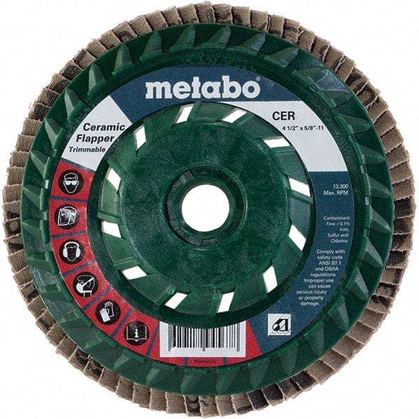 Metabo - 40 Grit, 4-1/2" Disc Diam, 5/8-11 Center Hole, Type 29 Ceramic Flap Disc - 13,300 Max RPM, Plastic Backing, Arbor Attaching System, Coated - Americas Industrial Supply