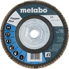 Metabo - 80 Grit, 4-1/2" Disc Diam, 5/8-11 Center Hole, Type 29 Zirconia Alumina Flap Disc - 13,300 Max RPM, Fiberglass Backing, Arbor Attaching System, Coated - Americas Industrial Supply
