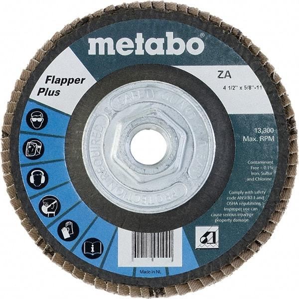 Metabo - 36 Grit, 4-1/2" Disc Diam, 5/8-11 Center Hole, Type 29 Zirconia Alumina Flap Disc - 13,300 Max RPM, Fiberglass Backing, Arbor Attaching System, Coated - Americas Industrial Supply