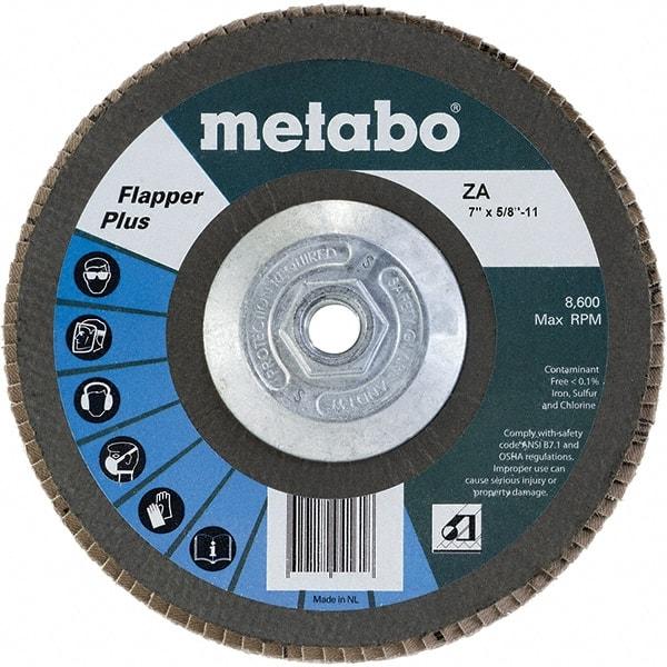 Metabo - 40 Grit, 7" Disc Diam, 5/8-11 Center Hole, Type 29 Zirconia Alumina Flap Disc - 8,600 Max RPM, Fiberglass Backing, Arbor Attaching System, Coated - Americas Industrial Supply