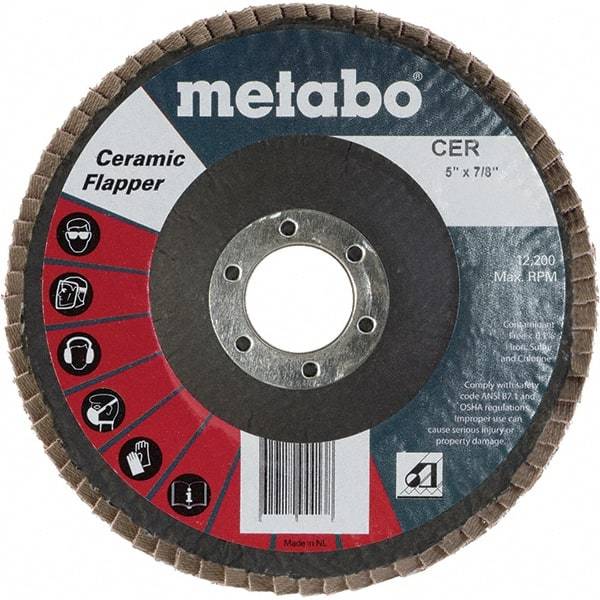 Metabo - 80 Grit, 5" Disc Diam, 7/8" Center Hole, Type 29 Ceramic Flap Disc - 12,200 Max RPM, Fiberglass Backing, Arbor Attaching System, Coated - Americas Industrial Supply