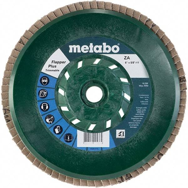 Metabo - 40 Grit, 6" Disc Diam, 5/8-11 Center Hole, Type 29 Zirconia Alumina Flap Disc - 10,200 Max RPM, Plastic Backing, Arbor Attaching System, Coated - Americas Industrial Supply