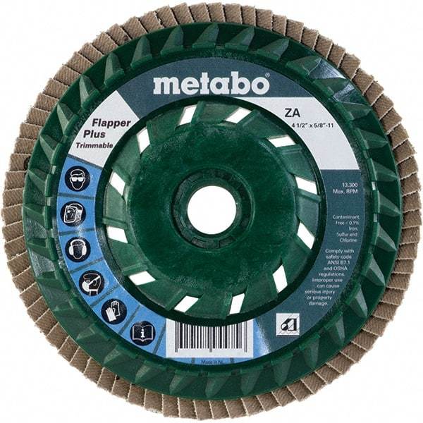 Metabo - 40 Grit, 4-1/2" Disc Diam, 5/8-11 Center Hole, Type 29 Zirconia Alumina Flap Disc - 13,300 Max RPM, Plastic Backing, Arbor Attaching System, Coated - Americas Industrial Supply