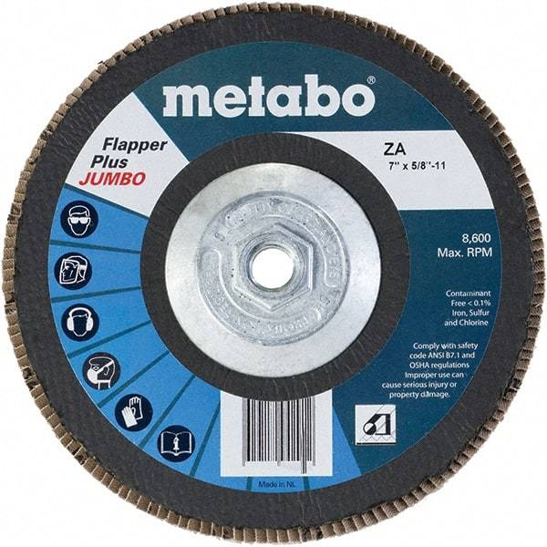 Metabo - 80 Grit, 7" Disc Diam, 5/8-11 Center Hole, Type 29 Zirconia Alumina Flap Disc - 8,600 Max RPM, Fiberglass Backing, Arbor Attaching System, Coated - Americas Industrial Supply