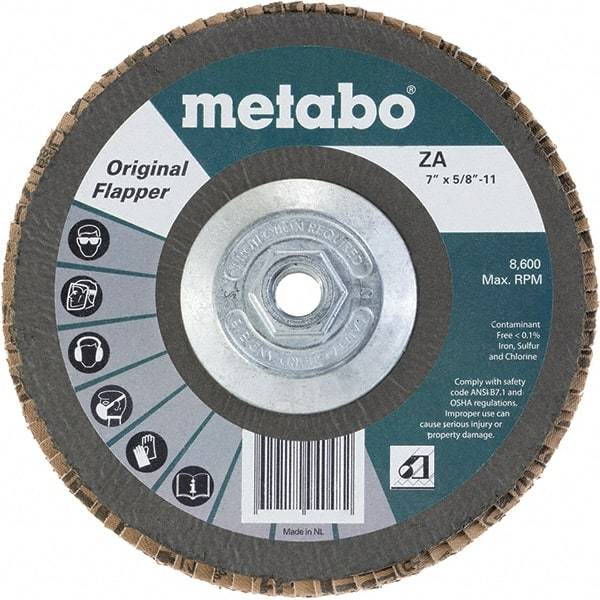 Metabo - 40 Grit, 7" Disc Diam, 5/8-11 Center Hole, Type 29 Zirconia Alumina Flap Disc - 8,600 Max RPM, Fiberglass Backing, Arbor Attaching System, Coated - Americas Industrial Supply