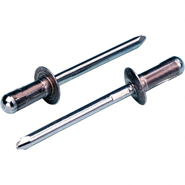 STANLEY Engineered Fastening - Size 6 Dome Head Aluminum Open End Blind Rivet - Steel Mandrel, 1/2" to 0.7795" Grip, 3/16" Head Diam, 0.1929" to 0.198" Hole Diam, 2.832" Body Diam - Americas Industrial Supply