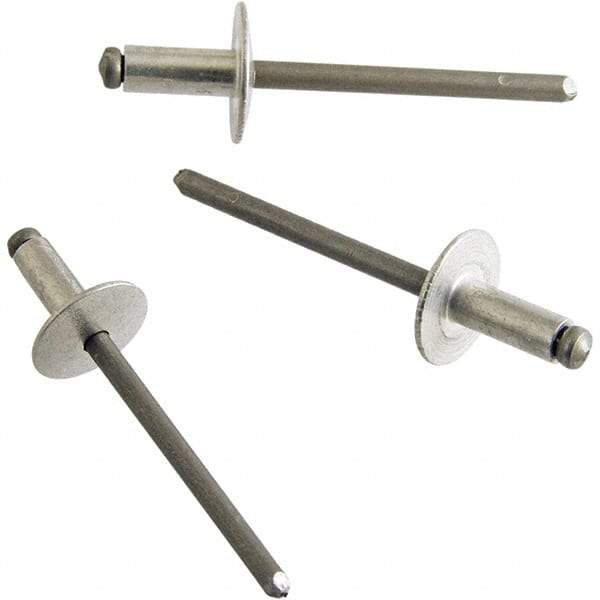 STANLEY Engineered Fastening - Size 6 Dome Head Aluminum Open End Blind Rivet - Aluminum Mandrel, 0.626" to 3/4" Grip, 3/16" Head Diam, 0.192" to 0.196" Hole Diam, 0.116" Body Diam - Americas Industrial Supply