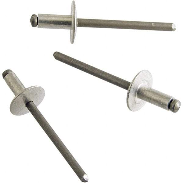 STANLEY Engineered Fastening - Size 6 Dome Head Aluminum Open End Blind Rivet - Steel Mandrel, 0.251" to 3/8" Grip, 3/16" Head Diam, 0.192" to 0.196" Hole Diam, 0.116" Body Diam - Americas Industrial Supply