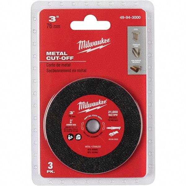Milwaukee Tool - 3" 60 Grit Aluminum Oxide Cutoff Wheel - 3/64" Thick, 3/8" Arbor, 20,000 Max RPM, Use with Die & Angle Grinders & Circular Saws - Americas Industrial Supply