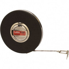 Lufkin - 100' x 3/8" Silver Steel Blade Tape Measure - 1/8" Graduation, Inch Graduation Style, Black Steel Case - Americas Industrial Supply