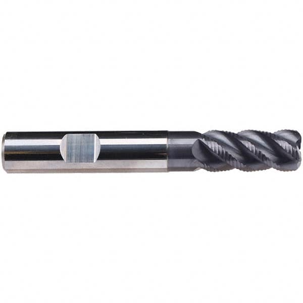 Emuge - 8mm Diam, Fine Pitch, 19mm LOC, 4 Flute Solid Carbide 1.5mm Corner Radius Roughing End Mill - TiAlN Finish, 63mm OAL, 8mm Shank Diam, Single End, Extended Reach, 45° Helix - Americas Industrial Supply