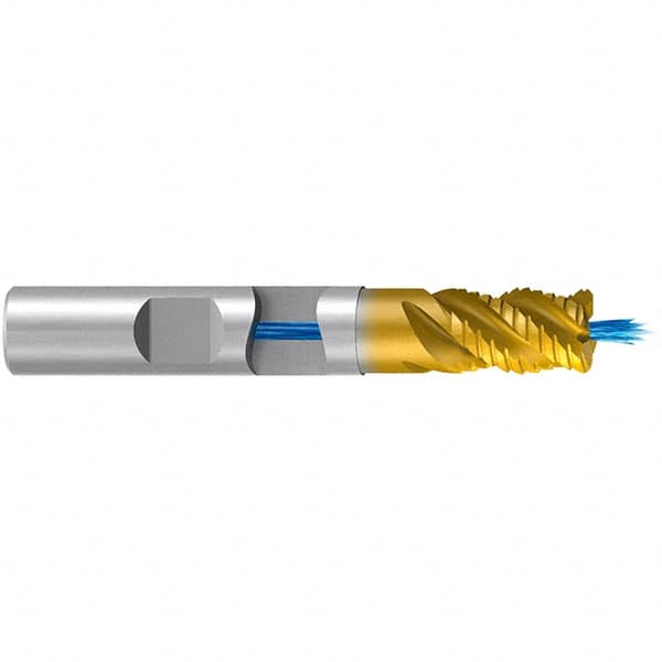 Emuge - 12mm Diam, 16mm LOC, 4 Flute Solid Carbide Roughing & Finishing End Mill - TiN/TiAlN Finish, 73mm OAL, 12mm Shank Diam, Weldon Shank, 45° Helix, Stub Length - Americas Industrial Supply