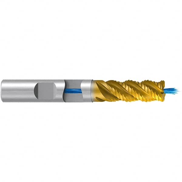 Emuge - 12mm Diam, Fine Pitch, 26mm LOC, 4 Flute Solid Carbide 4mm Corner Radius Roughing End Mill - TiN/TiAlN Finish, 83mm OAL, 12mm Shank Diam, Single End, Extended Reach, 45° Helix - Americas Industrial Supply