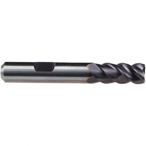 Emuge - 3mm Diam, 8mm LOC, 4 Flute Solid Carbide Roughing & Finishing End Mill - TiAlN Finish, 57mm OAL, 6mm Shank Diam, Weldon Shank, 50° Helix, Centercutting, Long Length - Americas Industrial Supply