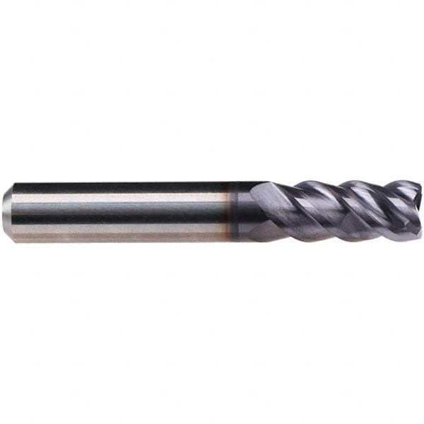 Emuge - 3/16" Diam, 3/8" LOC, 4 Flute Solid Carbide Roughing & Finishing End Mill - TiAlN Finish, 2" OAL, 1/4" Shank Diam, Cylindrical Shank, 50° Helix, Centercutting, Long Length - Americas Industrial Supply
