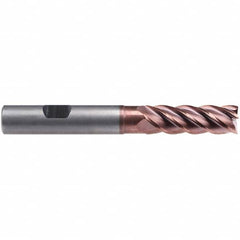 Emuge - 16mm Diam, 48mm LOC, 5 Flute Solid Carbide Roughing & Finishing End Mill - TiAlN Finish, 112mm OAL, 16mm Shank Diam, Weldon Shank, 42° Helix, Centercutting, Extra Long Length - Americas Industrial Supply