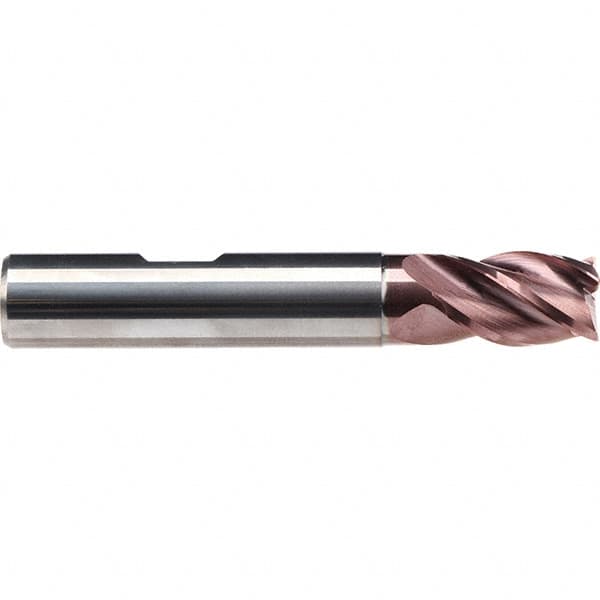 Emuge - 3/8" Diam, 17/32" LOC, 4 Flute Solid Carbide Roughing & Finishing End Mill - TiAlN Finish, 2-1/2" OAL, 3/8" Shank Diam, Weldon Shank, 38° Helix, Centercutting, Stub Length - Americas Industrial Supply